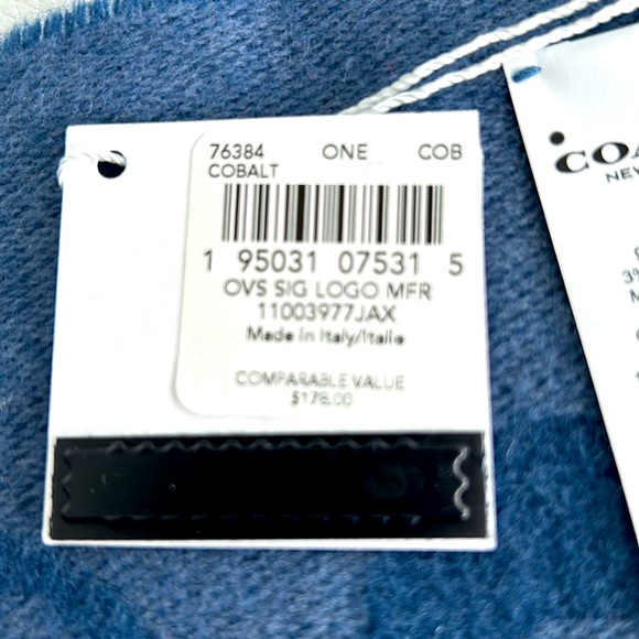 New Coach cobalt blue wool and cashmere blend fringed reversible scarf - Picture 4 of 7